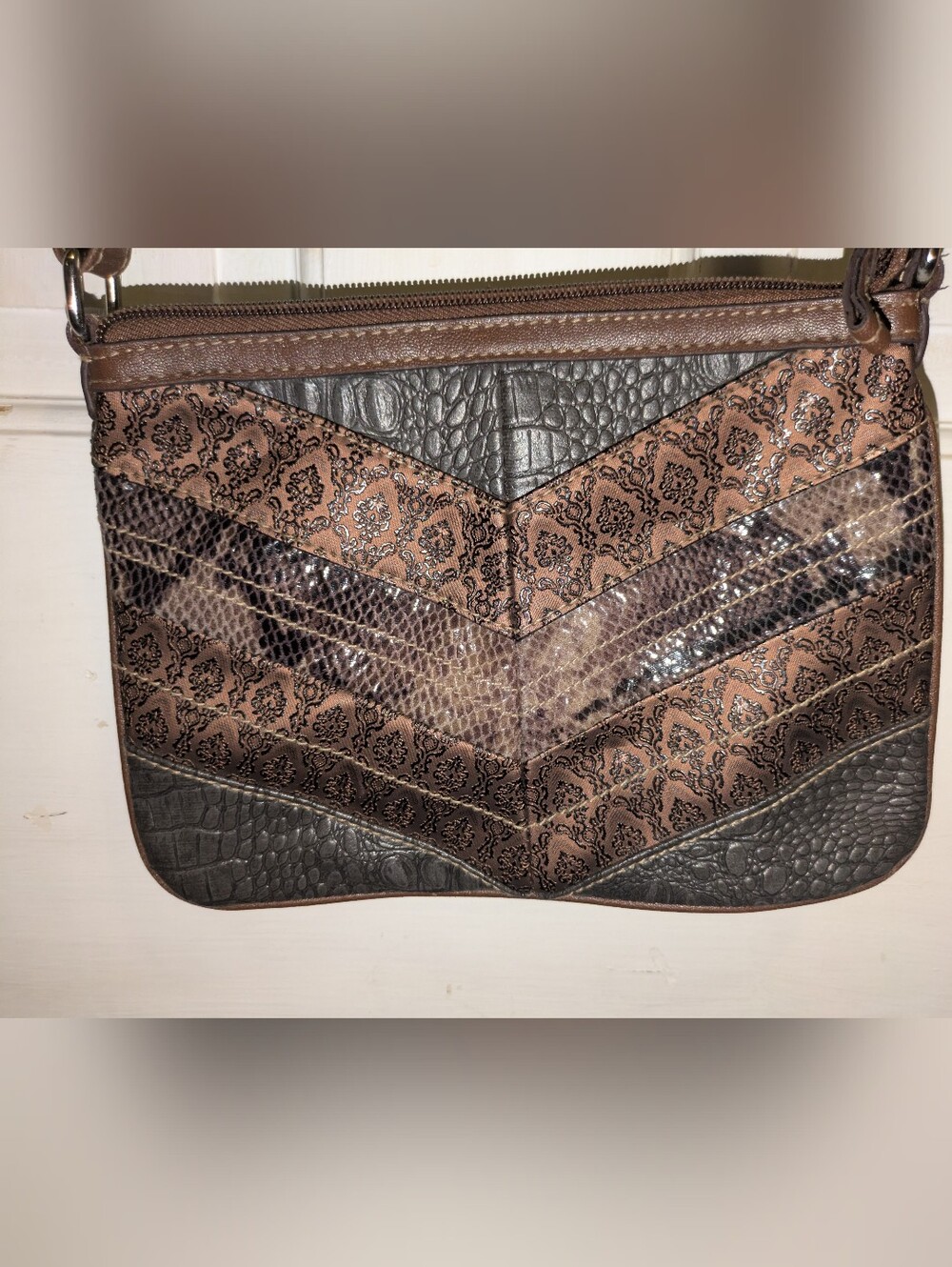 Relic Women's Chevron Patchwork Shoulder Bag in Brown and Black
